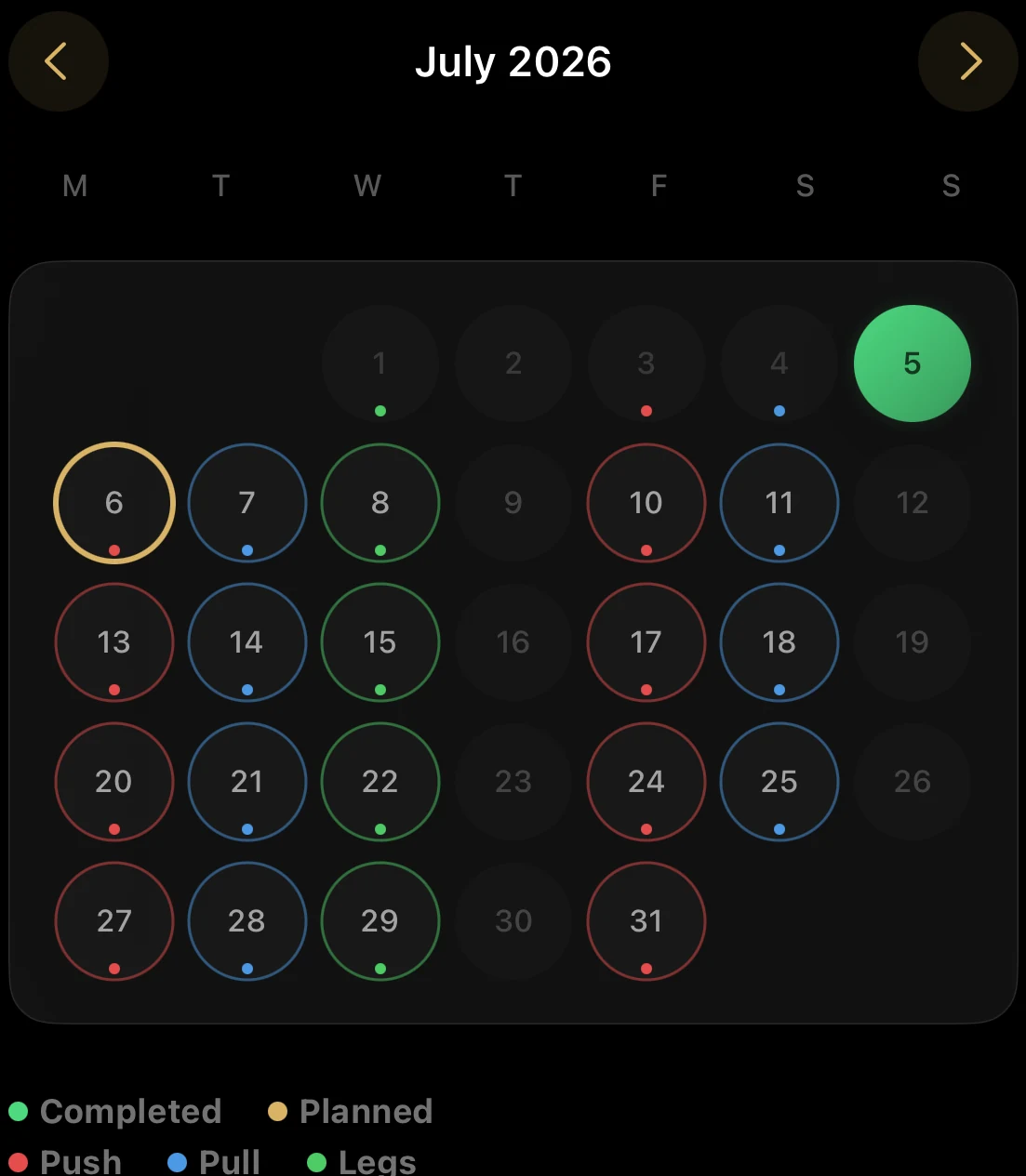 Cexi planning calendar for July 2026 with days ringed by split and a legend for completed, planned, push, pull, and legs.