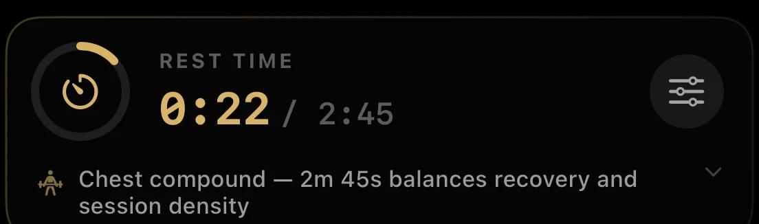 Cexi rest timer showing 0:22 of 2:45 remaining, with a note that a chest compound needs 2m 45s to balance recovery and session density.