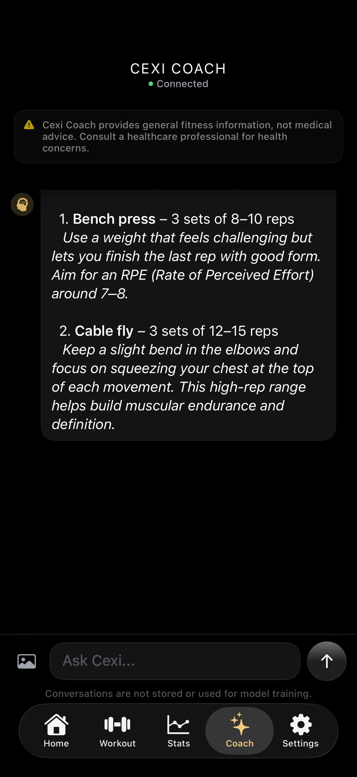 Cexi Coach answering with a chest session: bench press for 3 sets of 8 to 10 reps at RPE 7 to 8, then cable fly for 3 sets of 12 to 15 reps.
