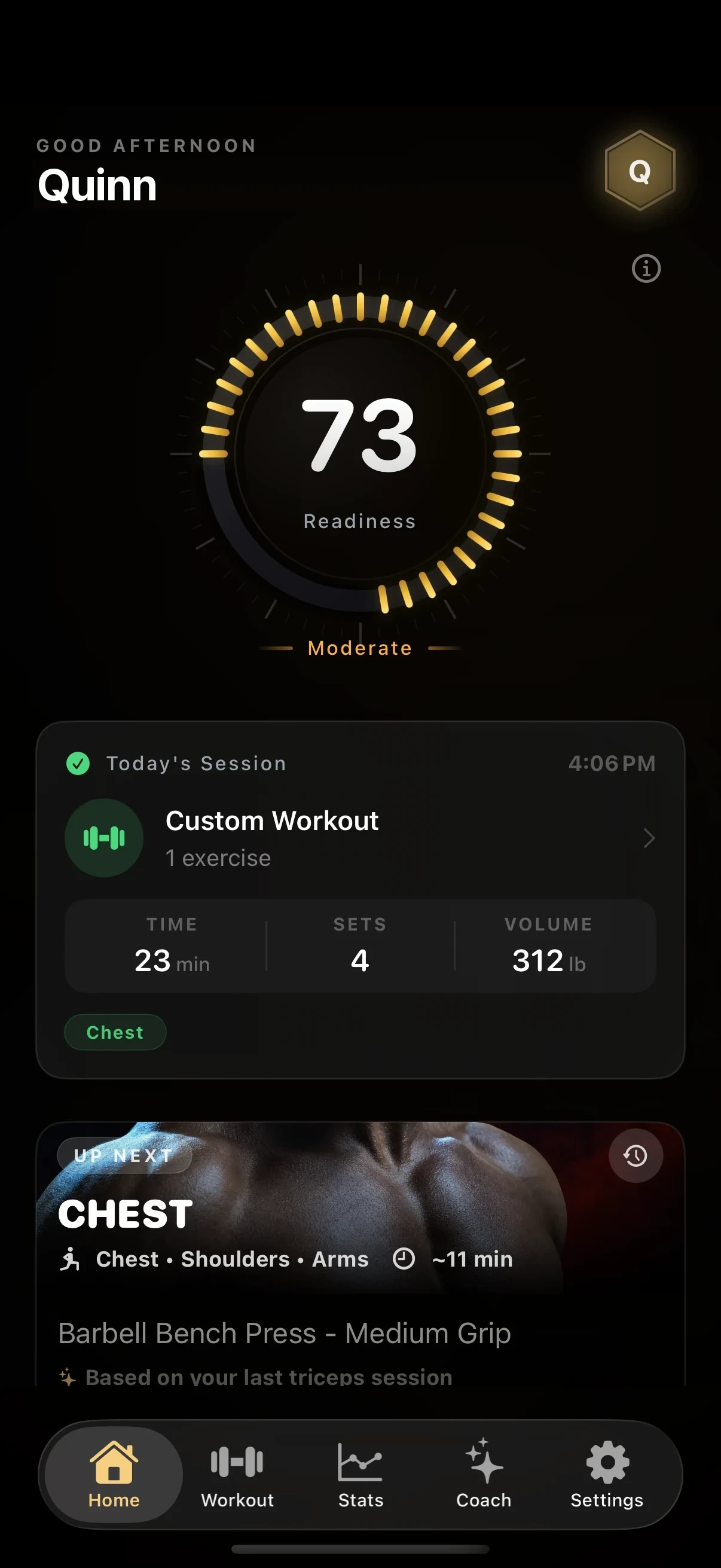 Cexi Home: readiness 73 above a completed session summary and the next recommended workout.