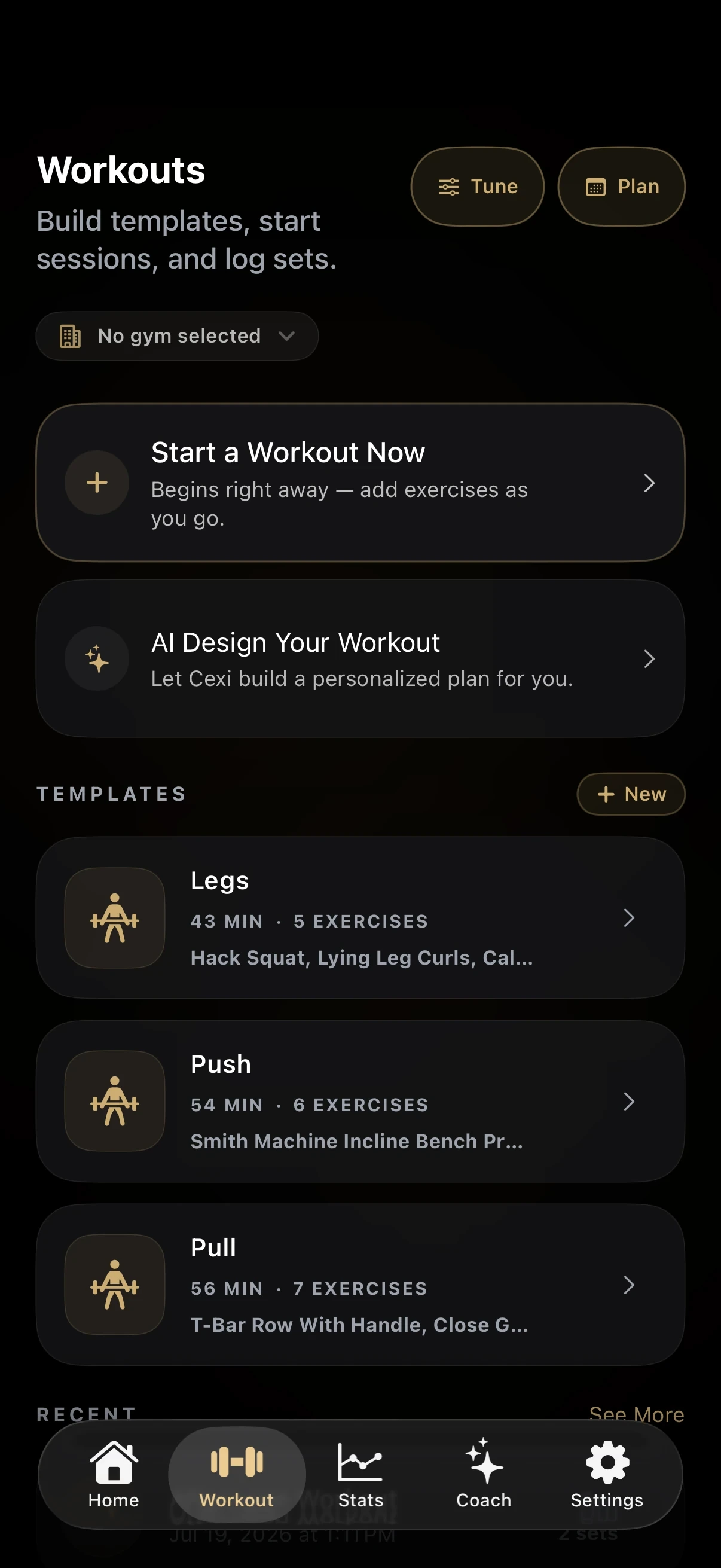 Cexi Workouts tab with saved Legs, Push, and Pull templates.