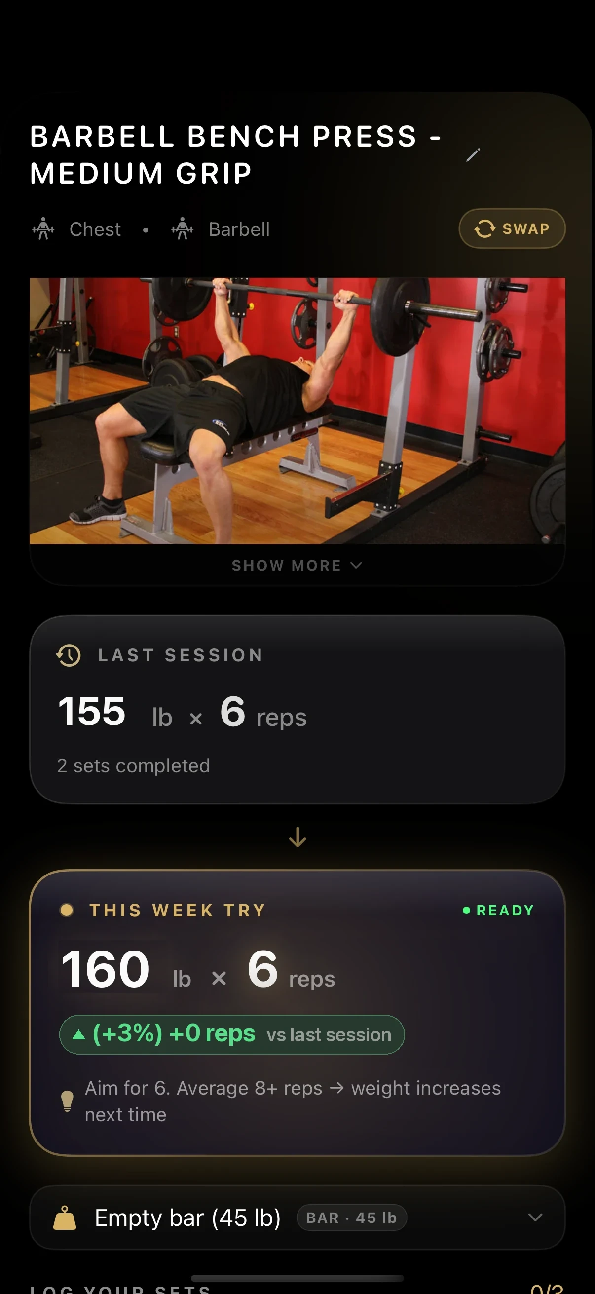 Cexi exercise view for Barbell Bench Press showing this week's target.